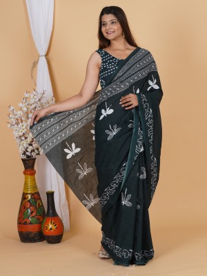 vaishnavi handicrafts Blocked Printed, Color Block, Floral Print, Printed Ikkat Pure Cotton Saree(Dark Green)