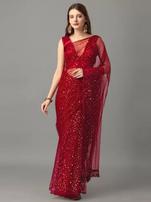HouseOfCommon Embellished Bollywood Net Saree(Maroon)