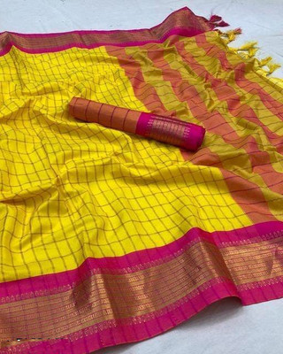 KanjiQueen Checkered Jamdani Silk Blend, Cotton Blend Saree(Yellow, Pink)