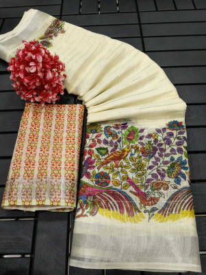 Saaransh Floral Print Kanjivaram Linen, Cotton Silk Saree(Cream)
