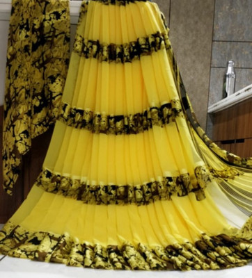Bombey Velvat Fab Printed, Solid/Plain Leheria Mulmul, Chiffon Saree(Yellow)