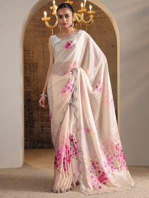LIBAS Printed Daily Wear Satin Saree(Pink)