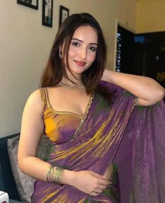 Online Bazaaar Embellished, Embroidered, Solid/Plain Bollywood Chiffon, Pure Silk Saree(Purple)
