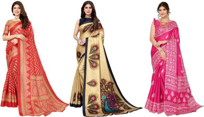 Priyashi Printed Kanjivaram Art Silk Saree(Pack of 3, Red, Gold, Pink)