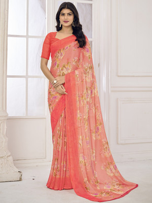 Divastri Floral Print, Geometric Print, Digital Print, Printed Bollywood Chiffon Saree(Orange)