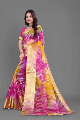 Aarunika fashion Printed Bollywood Organza Saree(Yellow)