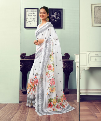 Satrani Floral Print, Printed Kota Doria Cotton Blend Saree(White, Multicolor)