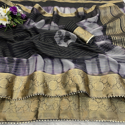 Adiyogi Enterprise Striped, Tie-Dye, Woven Bollywood Organza Saree(Black, Grey)