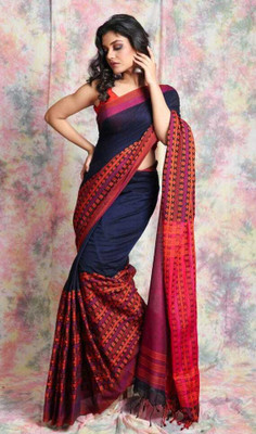 SSK Woven, Solid/Plain Bollywood Handloom Cotton Blend Saree(Multicolor)