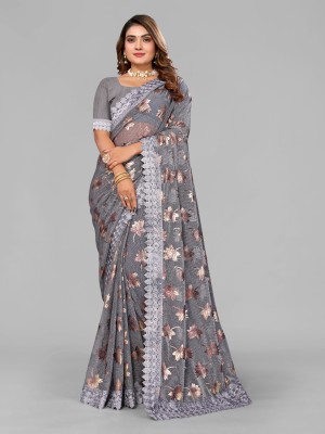 AKFABRICS Floral Print Bollywood Lycra Blend Saree(Grey)