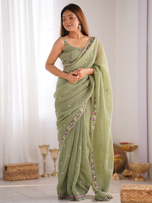 ANOUK Embroidered Bollywood Tissue Saree(Light Green)
