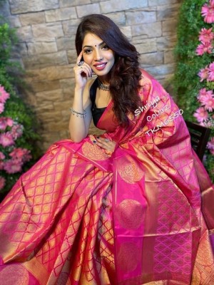 KanjiQueen Woven Banarasi Silk Blend Saree(Gold, Pink)