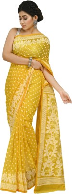 crochetin Woven Kantha Handloom Cotton Blend Saree(White, Yellow)