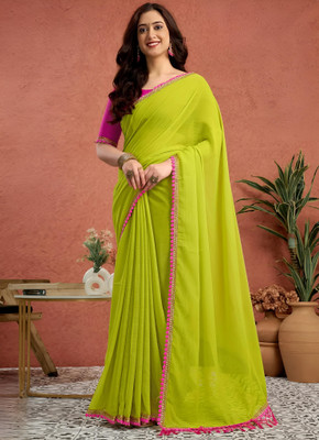 Labheshwari Solid/Plain, Embroidered Daily Wear Georgette Saree(Yellow)