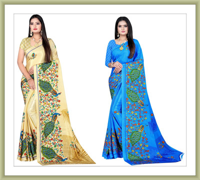 Leelavati Printed Bollywood Crepe Saree(Pack of 2, Gold, Blue)