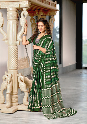Rudra Printed Saree with Attached Blouse Cotton Blend Saree(Green)