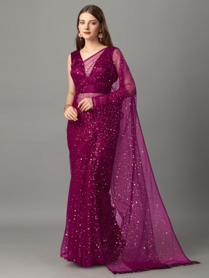 color bucket Polka Print Bollywood Net Saree(Purple)