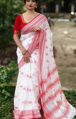 Balorampal Self Design Handloom Pure Cotton Saree(Red, White)