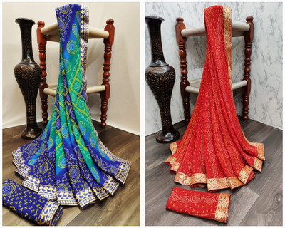 Kanooda Prints Printed Bandhani Georgette Saree(Pack of 2, Multicolor)