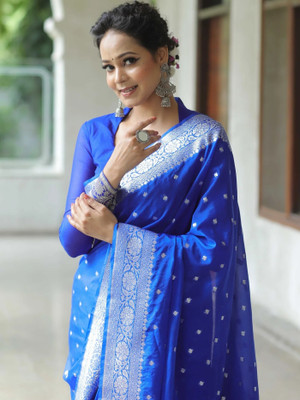 RASVRITI Solid/Plain Kanjivaram Pure Silk, Art Silk Saree(Blue)