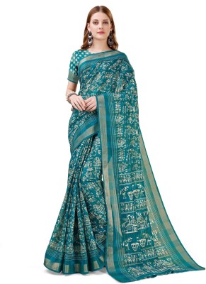 Bansi Ecom Printed Bollywood Cotton Silk Saree(Light Blue)