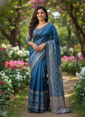 Fevinaa Woven, Self Design, Geometric Print, Temple Border Bollywood Cotton Silk Saree(Blue)