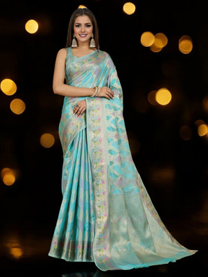 Divastri Woven Banarasi Organza Saree(Light Blue)