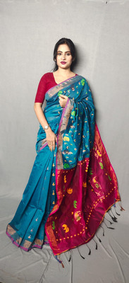 Rabi Saree and Textile center Solid/Plain Handloom Cotton Silk Saree(Light Blue)