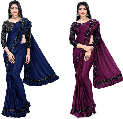 HARIOM FASHION Woven, Embellished, Solid/Plain Bollywood Lycra Blend Saree(Pack of 2, Multicolor)