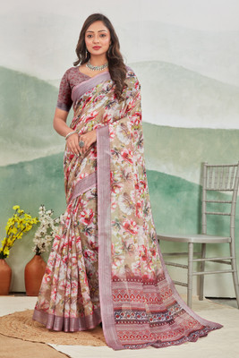 DHARMRAJ ENTERPRISE Digital Print Assam Silk Cotton Linen Saree(Multicolor)