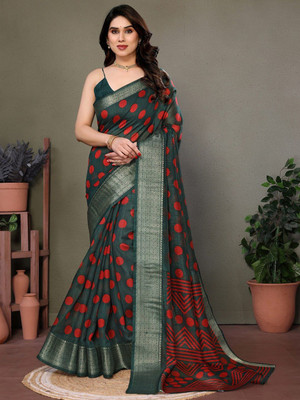 Moda Rapido Printed Bollywood Cotton Blend Saree(Green, Red)