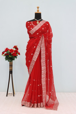 SHUBHDRASHTI NX Embroidered Bollywood Organza Saree(Red)