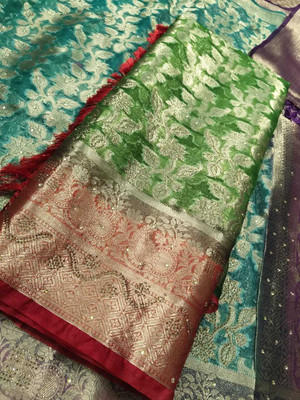A K Traders Woven, Self Design Banarasi Organza Saree(Green, Red)