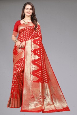 THE ETHNIC SAREE STUDIO Temple Border Kanjivaram Pure Silk Saree(Red)