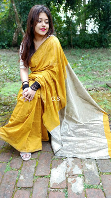 BRYNBRIT Solid/Plain Handloom Cotton Blend Saree(Multicolor)