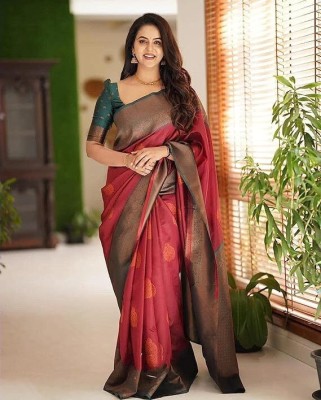 NENCY FASHION Floral Print Kanjivaram Silk Blend Saree(Maroon)