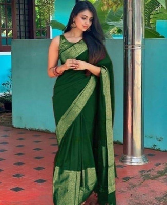 HEER FASHION Self Design Banarasi Pure Silk Saree(Green)