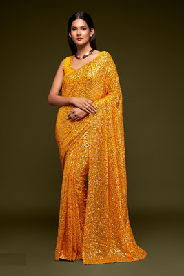 DIVINE INTERNATIONAL TRADING CO Embellished, Embroidered Bollywood Georgette Saree(Yellow)