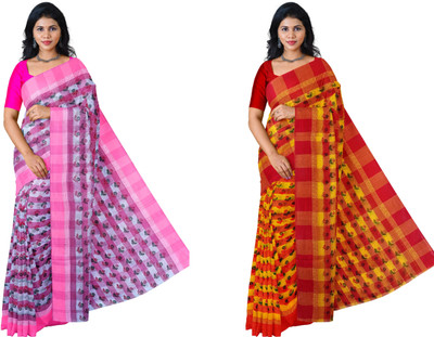 Mayabi Printed Tant Pure Cotton Saree(Pack of 2, Multicolor)