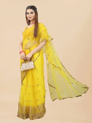 Yashakti Designer Embroidered Bollywood Net Saree(Yellow)