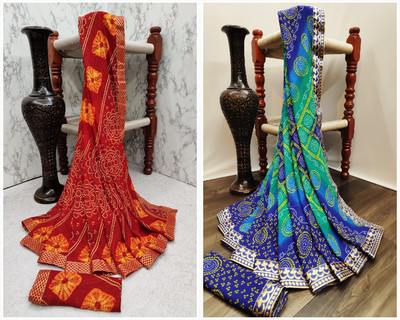 Kanooda Prints Printed Bandhani Georgette Saree(Pack of 2, Multicolor)