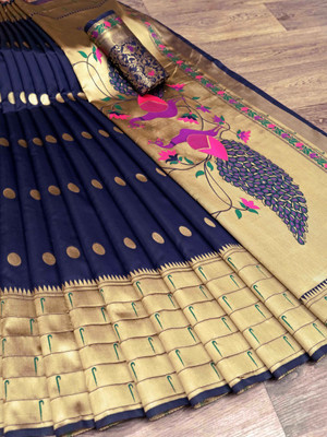 Rudr Venture Digital Print Banarasi Jacquard Saree(Dark Blue)