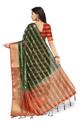 Aarunika IC Striped Bollywood Organza Saree(Dark Green)