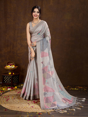 RekhaManiyar Printed Saree with Attached Blouse Cotton Silk Saree(Grey)