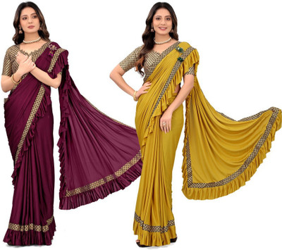 HouseOfCommon Solid/Plain, Printed Bollywood Lycra Blend Saree(Pack of 2, Multicolor)