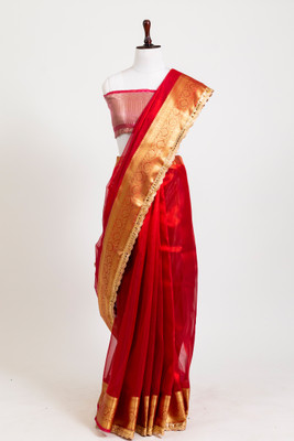 sayeed fabric Solid/Plain Banarasi Tissue Saree(Red)