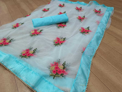 PATLANI STYLE Embroidered Bollywood Net Saree(Light Blue)