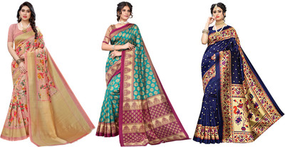 Nirvaan Printed Kalamkari Art Silk Saree(Pack of 3, Multicolor)