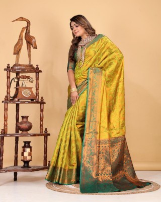 Aksh Fashion Self Design, Woven Bollywood Silk Blend, Jacquard Saree(Yellow)