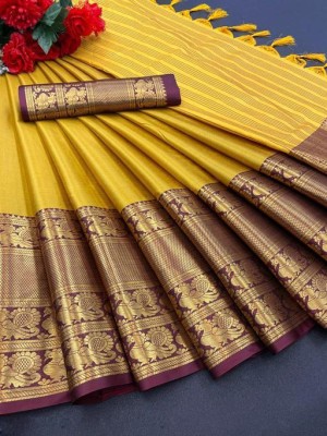 Wamsi Woven Dharmavaram Jacquard, Cotton Silk Saree(Yellow)